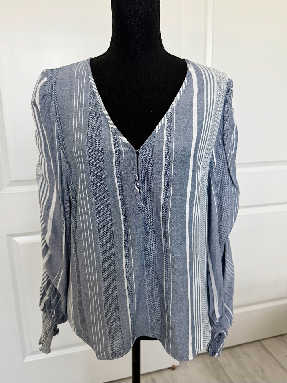 Shore Women’s Striped V-Neck Long Sleeved Blouse in Blue & White